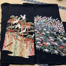Black Tomesode Pure Silk Kimono Kyoto Yuzen Remake Untailored