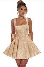 New Gold Short Sequin Homecoming/Cocktail Dress with Bow Straps A Line . Size 6