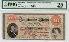 T-24 PF-11 $10 1861 Confederate Paper Money - PMG Very Fine 25 - PLUS!