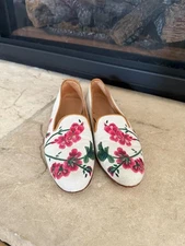 Stubbs & Wootton White Linen Pink Geranium Flowers Shoes  9.5