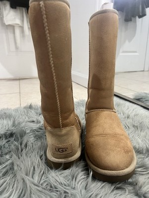 UGG Tan Suede Mid-Calf Shearling Style Pull On Boots Rubber Sole for Women