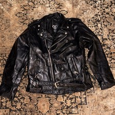 Vtg Diamond Plate Buffalo PATCH Leather Motorcycle BIKER Jacket Black Mens XL