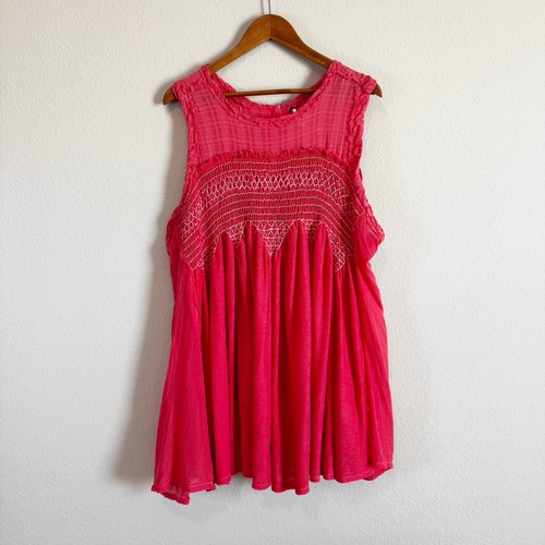 Free People Coral Pink Sea Breeze Flowy Smocked Button Back Tunic Mini Dress L