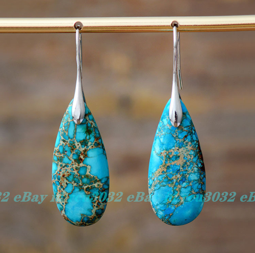 Natural Turquoise Stone Teardrop Dangle Earrings Blue Gemstone Hook Earrings - Picture 3 of 8