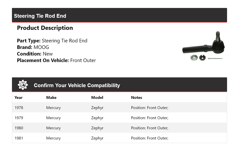 Para 1978-1981 Mercury Zephyr extremidade da haste de direção dianteira externa MOOG 1978 1979 - Imagem 2 de 4