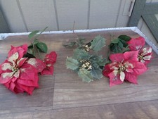 Artificial Poinsettia Holly Christmas Floral Picks 13"