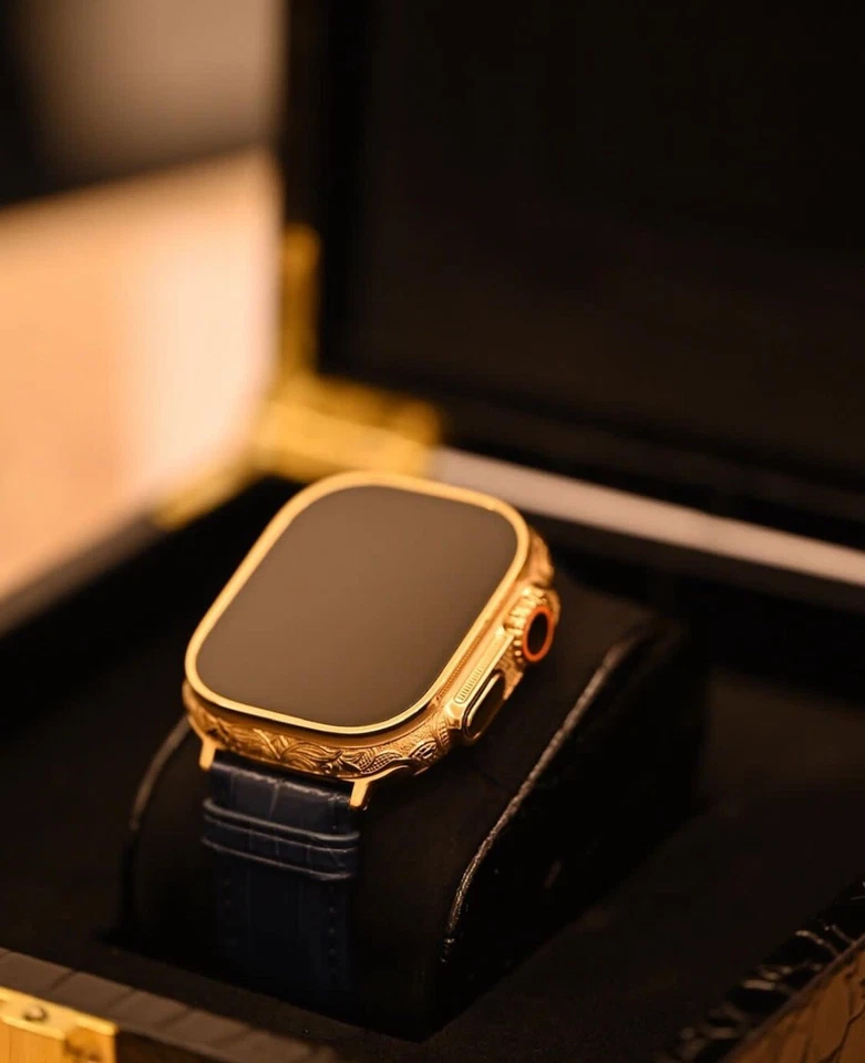 Custom 24k Gold Plated Apple Watch ULTRA 3 49mm Engraved Black Leather Band - Image 3 of 4