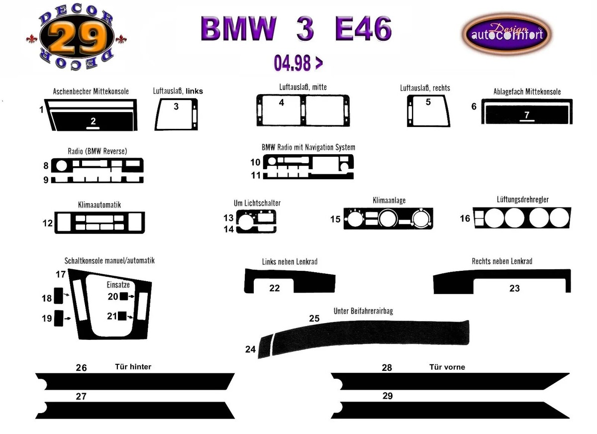 FOR BMW E46 3 SERIES INTERIOR Dash Trim Kit 3M BURL FULL SET 1998
