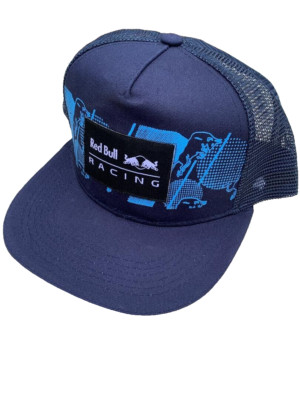 F1 Racing Navy Flat Brim Trucker Cap w/Light Blue Graphic print. Reproduction.
