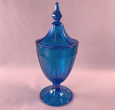 Early Fenton Stretch Celeste Blue Iridescent Covered Candy Dish Compote