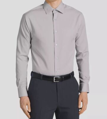 $75 Calvin Klein Men's Gray Regular-Fit Herringbone Dress Shirt 17 36/37