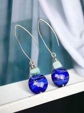 Vintage Blue Art Glass Extra Long Dangle glass    Pierced Earrings 2.5  