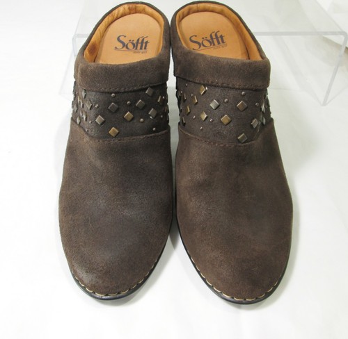 Sofft sz 9 M Dark Brown Distressed Suede 3.5" Heels Studded Mules/ Clogs - Picture 9 of 12