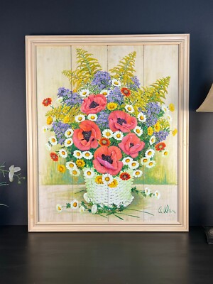 Still Life Flowers On Board Painting Signed Allan
