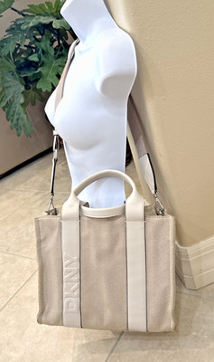 DKNY Khaki Beige Tote Bag Logo Accent Dual Handles Zip Closure Crossbody Purse *