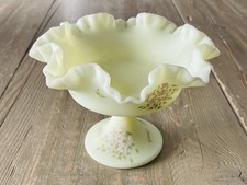 Vtg Fenton Custard Glass Pedestal Compote Candy Dish Pink Florals Signed GLOWS