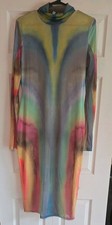 Vtg Fashionnova Y2k Bodycon Dress Mesh Sheer Colorful Long Sleeve Cowl Midi