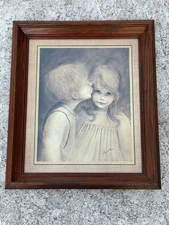 Mid Century Signed Margaret Keane Print Framed Under Glass