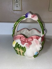 Glazed Shiny Ceramic Spring Basket Lilies Flowers Bunnies Rabbits 7x5