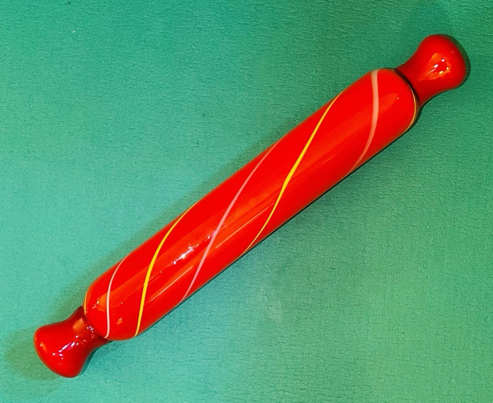 VTG Red Glass Murano Style Rolling Pin W/ Candy Style Swirls Of Yellow & White