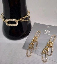 Gold Tone, Hardware,CZs, Paperclip Bracelet & Earrings Women's Jewelry Set NWOT