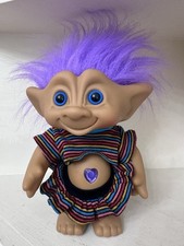 Vintage Ace Novelty Large Troll Purple Hair Heart Jewel Belly Stripe Outfit Rare