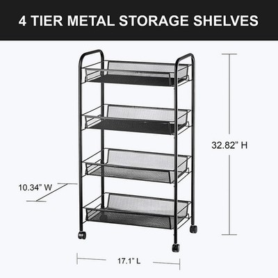 4 Tier Metal Storage Shelves with Wheels, Roller Cart Wire Storage Basket black
