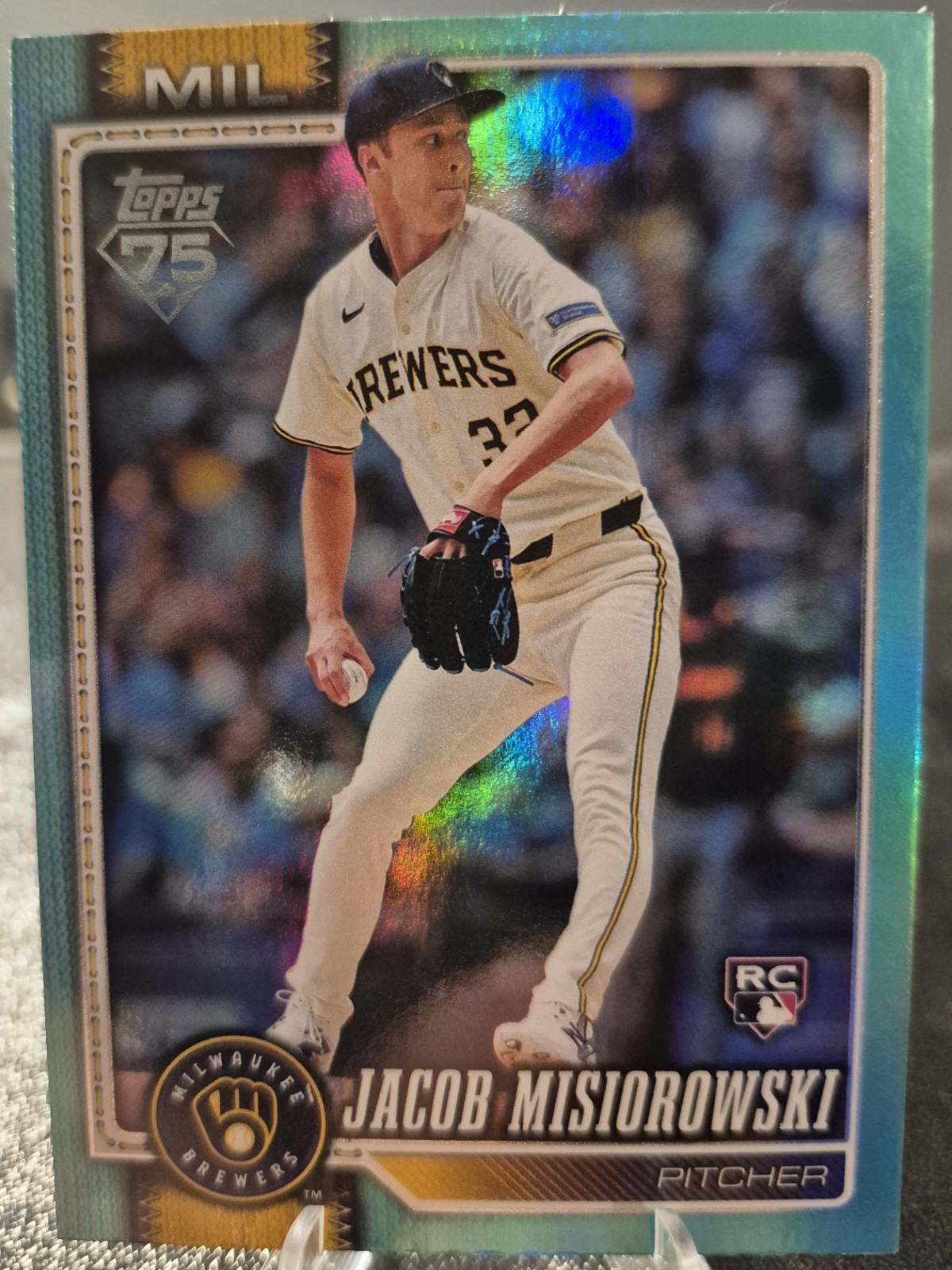 Jacob Misiorowski 2026 Topps Series 1 Aqua Rainbow Foil Rookie #10 Brewers