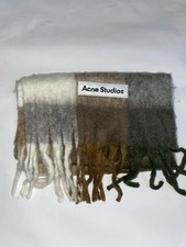 Acne Studios Check Wool Scarf Woven Fringe Logo Grey Brown Cream Green