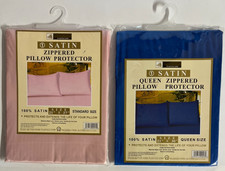 Lot 2 SATIN ZIPPERED PILLOW PROTECTORS Standard  Queen Pillowcase Pink  Blue