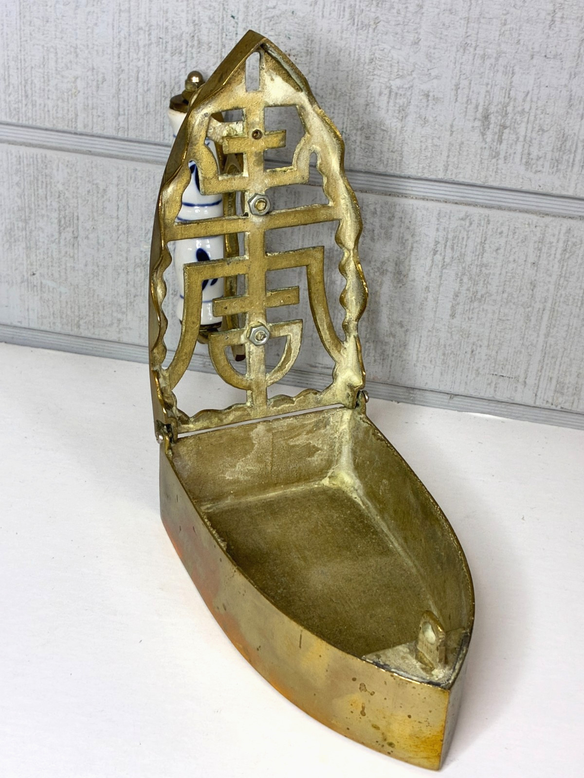 Vintage Brass Coal Iron w/ Blue & White Ceramic Handle ~ Locking Opening Lid