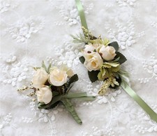 Rose Wedding Wrist Corsage Boutonniere Set Prom Party Ribbon Flower Decor Beige