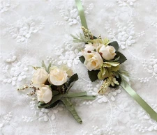 Rose Wedding Wrist Corsage Boutonniere Set Prom Party Ribbon Flower Decor Beige
