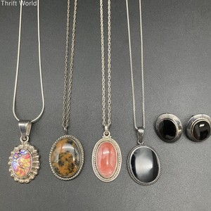 925 Sterling & 900 Silver Stone Pendant Necklaces & Earring Lot 6pc 50.3g