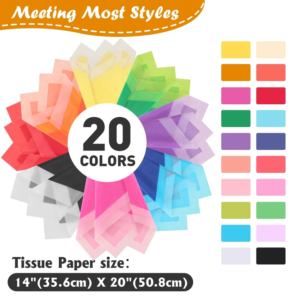 1000 PCS Tissue Paper, 20 Colors 14" X 20" Tissue Papers Bulk for Packaging, ... - Image 2 of 4