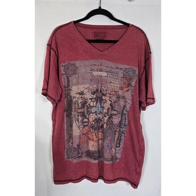 Retrofit Men's XL Graphic T-Shirt Red V-Neck Fleur de Lis Gothic Print Grunge
