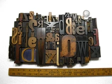 Vintage Letterpress Wood Type Collage A-Z letters, 0-9 numbers and !,$,&, ?.