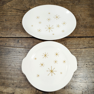 Two Vintage Star Glow Starburst Royal China Oval Round Platter MCM Atomic USA
