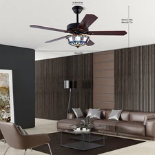 52'' Tiffany Ceiling Fan with 3 Lights +Remote Control, Wooden Ceiling Fans