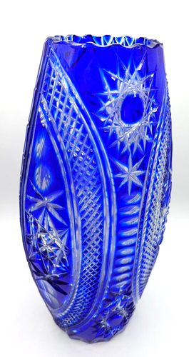 Jarrón de cristal azul cobalto grabado bohemio Papa Juan Pablo II vintage grande 15" - Imagen 6 de 11
