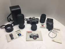 Vintage Pentax ME Super 35mm Camera Lot, 3 Lens, Strobe, Manuals  Case       