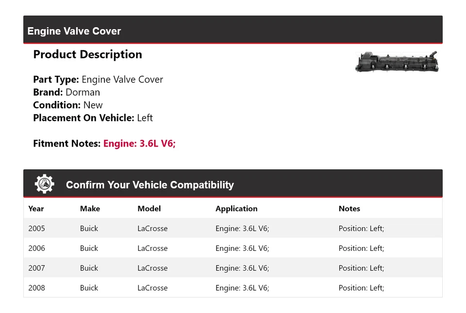 Крышка клапана двигателя Dorman для Buick LaCrosse 3,6 л 2005-2008 годов выпуска левая 2006 2007 годов выпуска - Изображение 2 из 4