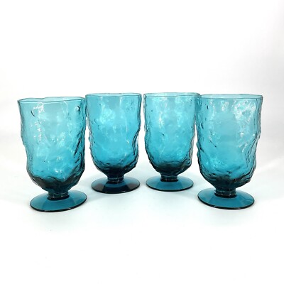 Morgantown Goblets Peacock Blue Crinkle Water Glass Set Of 4