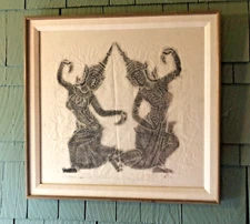 Large Vtg Authentic Thai Temple Charcoal Rubbing Professional Framed Art 23 x 24