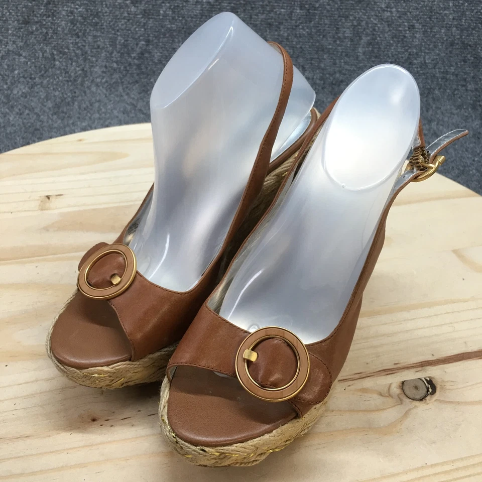 Jessica Simpson 凉鞋女式 6B Gauma 露背楔形帆布鞋棕色皮革 — 第 3/4 张图片