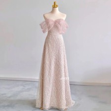 French Style Womens Off Shoulder Mesh Wedding Evening Party Sequins Long Dresses