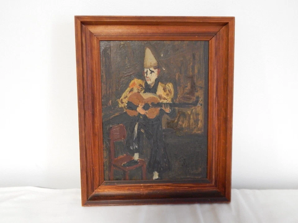 ANCIEN TABLEAU Huile sur CARTON " CLOWN Jouant de la Musique " Daté 1947 - Photo 2/4