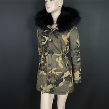 Miss Pap Coat M Womens Camouflage Green Mix Fur Parka Long Sleeves Hooded Jacket