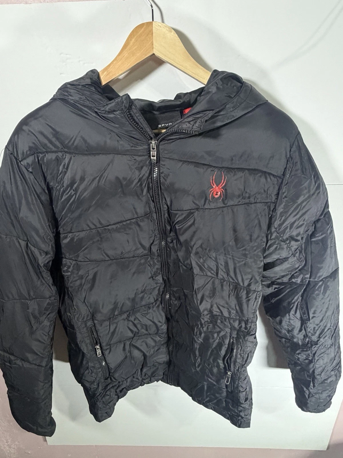 Spyder Puffer Jacket Mens Medium Black Full Zip Hooded Lightweight Coat