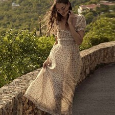 Doen Women Ditsy Gia Floral Print Ruffle Milkmaid Cream Midi Maxi Gown Dress XS